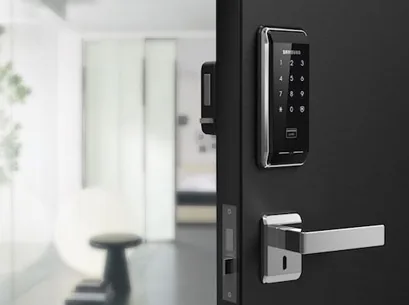 Commercial door hardware and a lock cylinder on a business entrance door